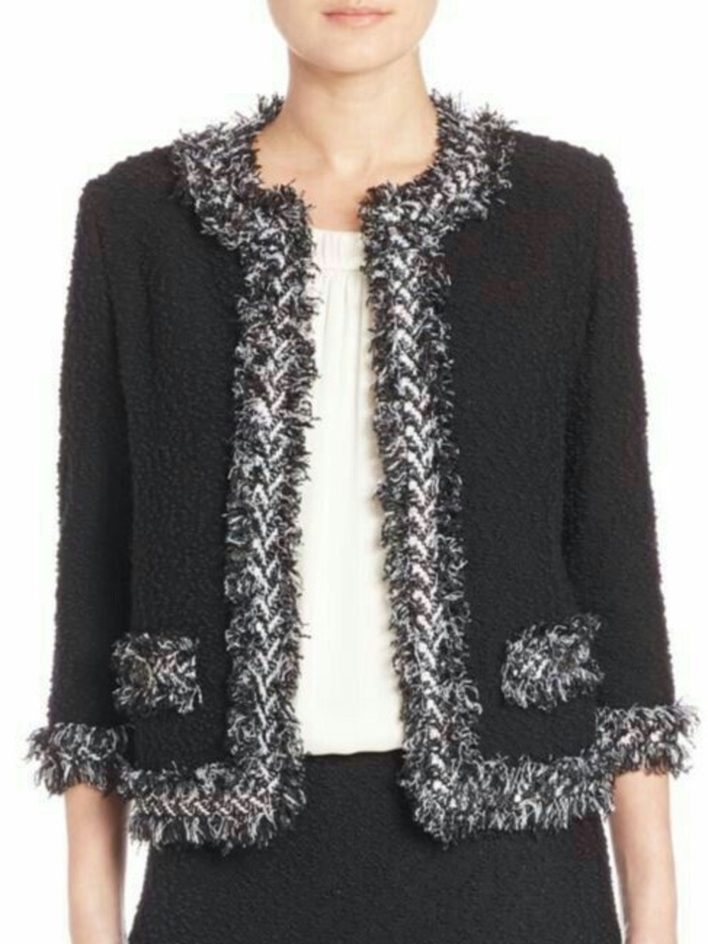 St. John Collection Fringe Trim Boucle Suit Jacket Black- Size 10